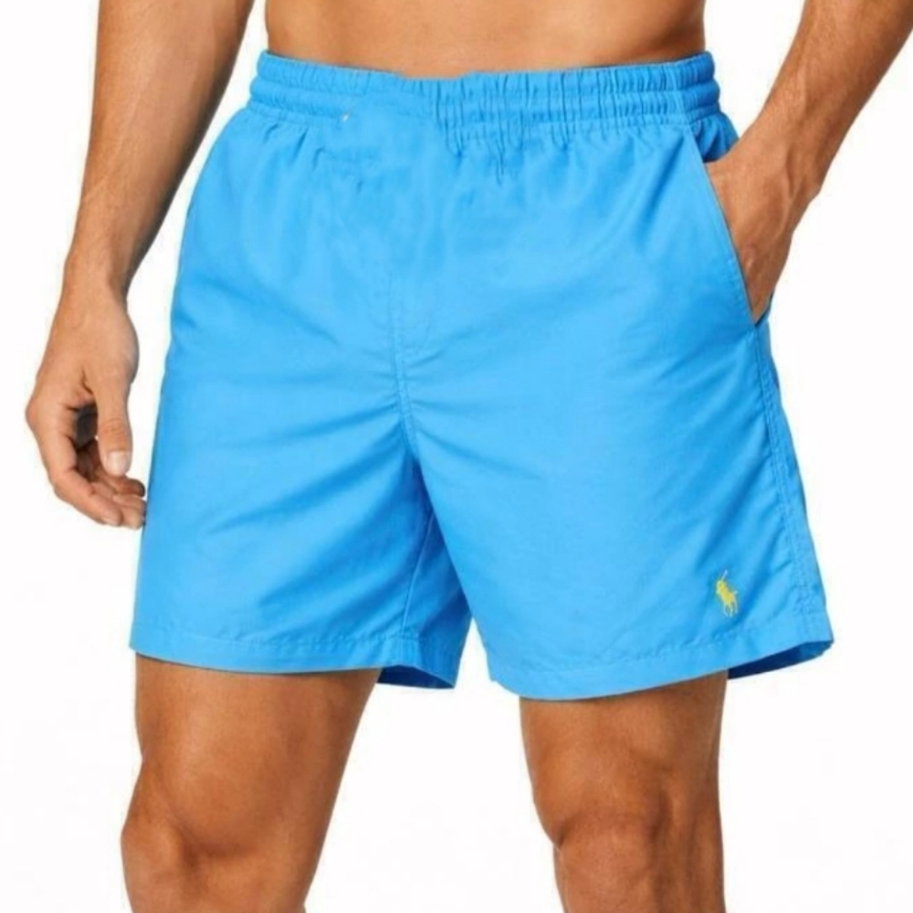 Polo by Ralph Lauren Teal Blue Swim Trunks with Yellow Logo. Size M